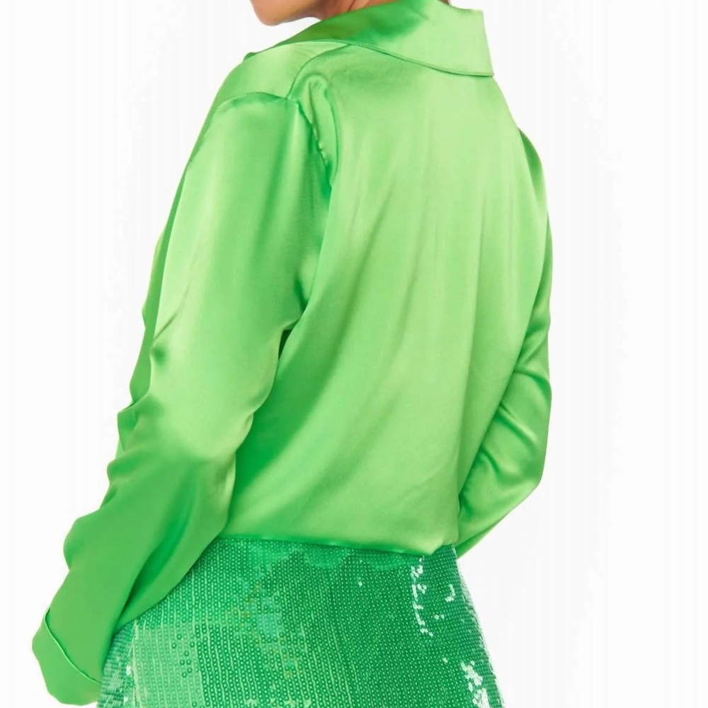 Show Me Your MuMu Smith Button Down in Bright Green Luxe Satin. Size S.